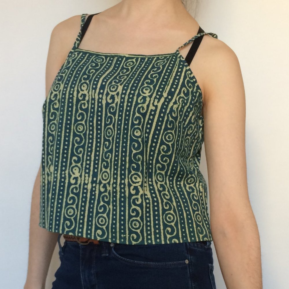 Boxy Fit Cropped Batik Tank Top Green/Yellow Sz M - Picture 5 of 10